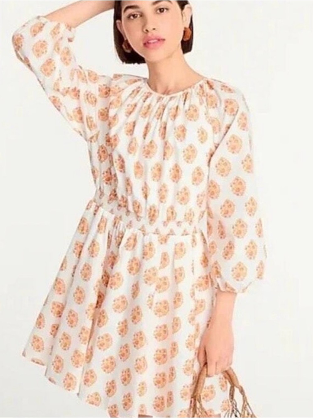 J. CREW WHITE LONG SLEEVE FIT & FLARE DRESS ORANGE FLORAL PRINT SZ MEDIUM
